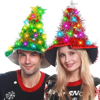 Adults Kids Blinking Glowing Christmas Tree  Hats Santa Hat with Tinsel LED Colorful Lights Star New Year Costume 1
