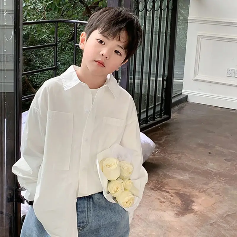

2023 Spring Boys Shirts Turn-down Collar Single Breasted Cotton Clean Simple Fashion Casual Comfortable Soft Solid Children