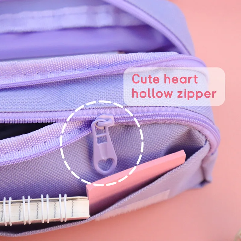 ITA Kawaii 3-Compartment Pencil Case With Clear Window & 4 Highlighters - Large Capacity Pouch (Purple)