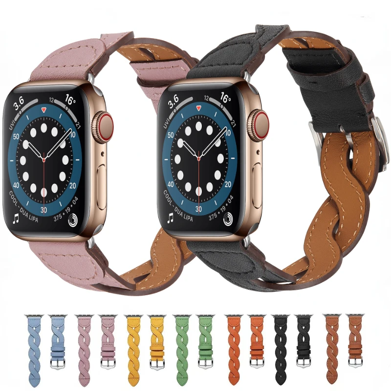 Premium Leather Strap For Apple Watch Band Ultra 8 7 Double Weaving Bracelet Band Iwatch 6 5 4 Se 45Mm 41Mm 44Mm 42Mm 40Mm 38Mm