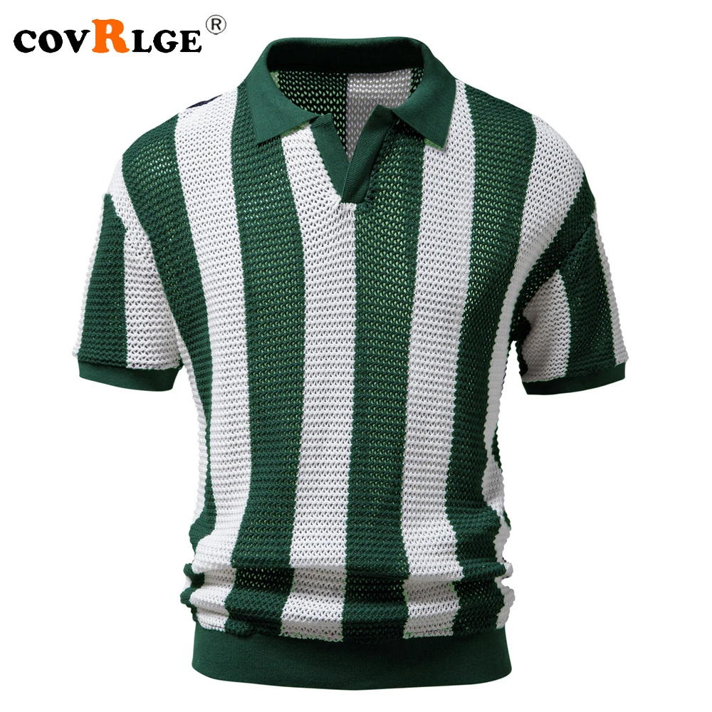 

Covrlge 100% Cotton Hollow Out Men's Polo Shirts Short Sleeve Knitted V-neck See Through Sexy Polo Shirts for Men New Summer