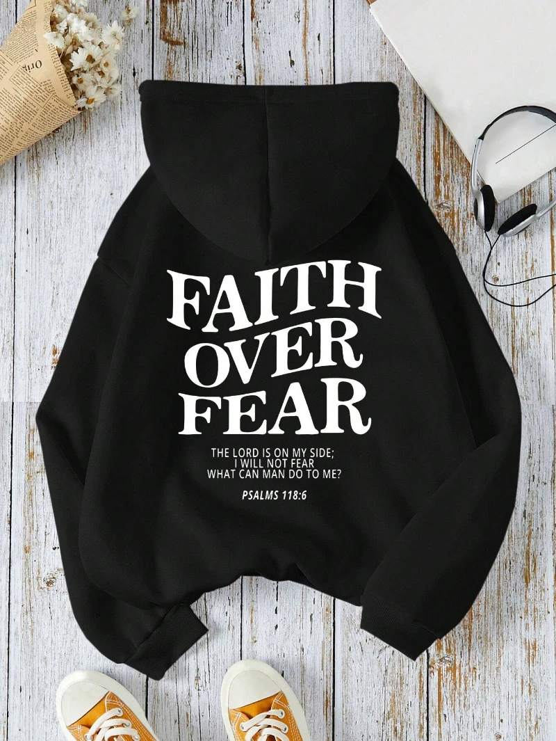 Felpe con cappuccio da donna Casual Faith Over Fear felpe con stampa di lettere in pile caldo e confortevole pullover tascabili autunno Streetwear 5