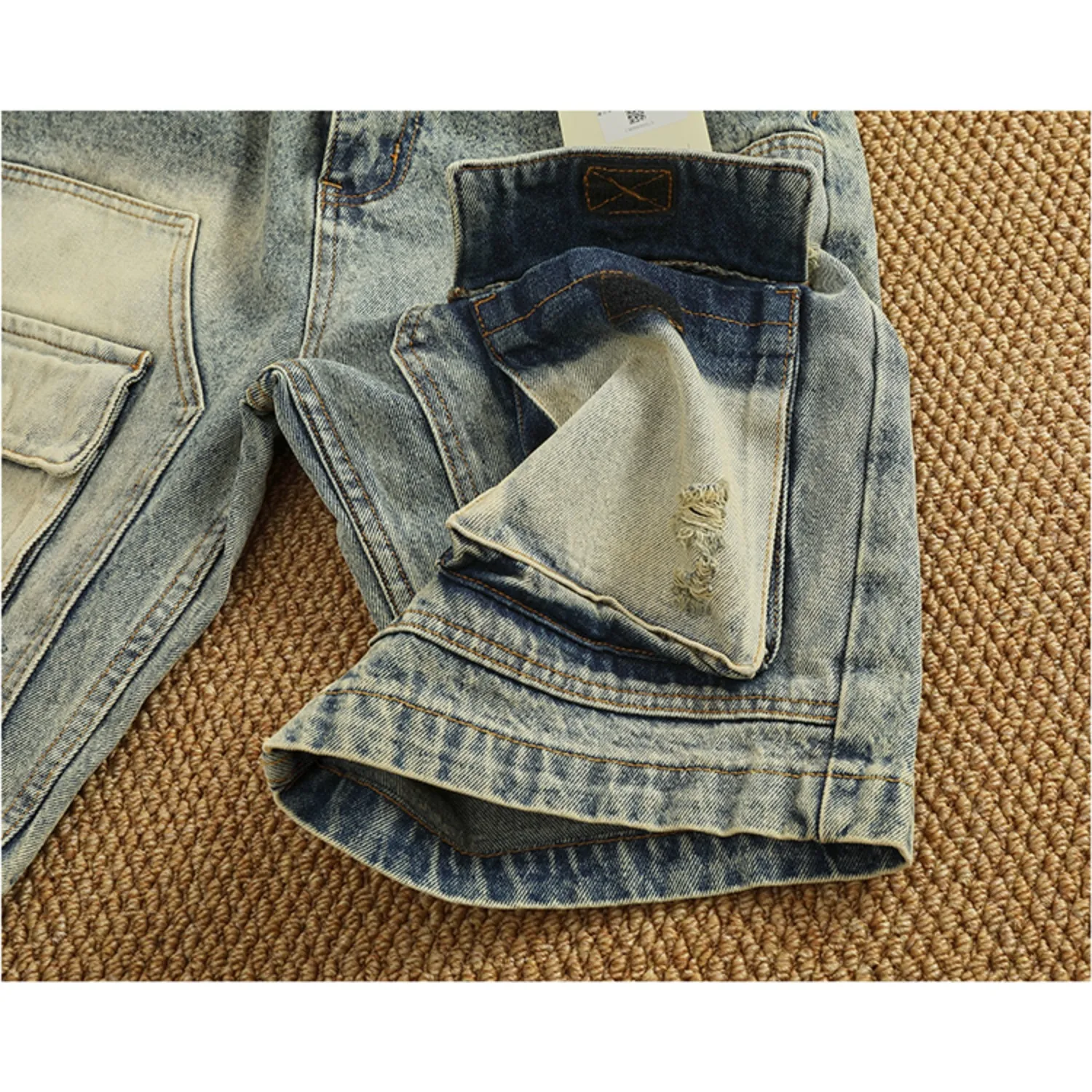 Summer new popular denim medium pants fashion men high street trend fashion baggy multi-pocket cargo quarter pants