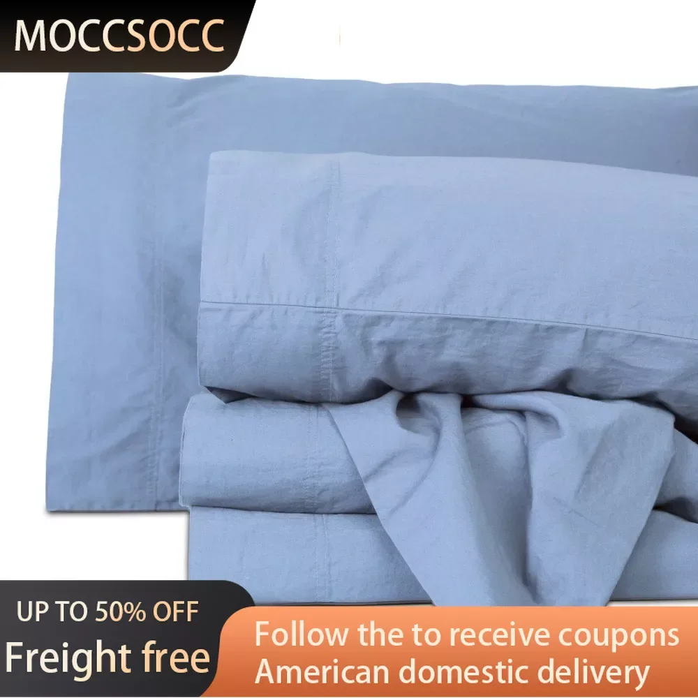 

King Double Bed Sheets Washed Cotton Percale 300 Thread Count Sheet Set Blue Freight Free Linen Home Textile Garden