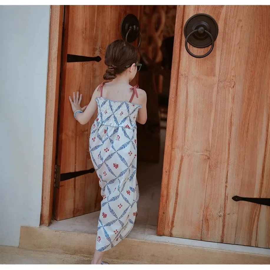 Summer Girls' Retro Floral Suspender Jumpsuit Suspender Loose Wide Leg Pants European and American Style Children Kids Rompers - Image 5