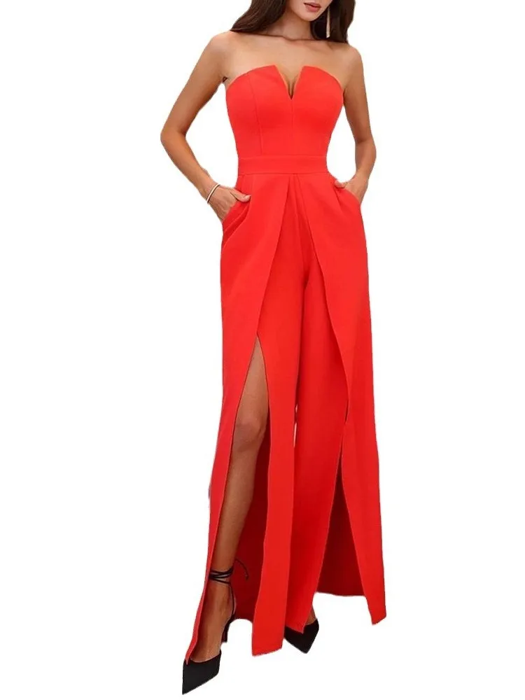 Fashion Solid Color Slim Tube Top Jumpsuits Women Sexy V-neck Backless Splicing Slit Flared Jumpsuit Temperament Ladies Clothing