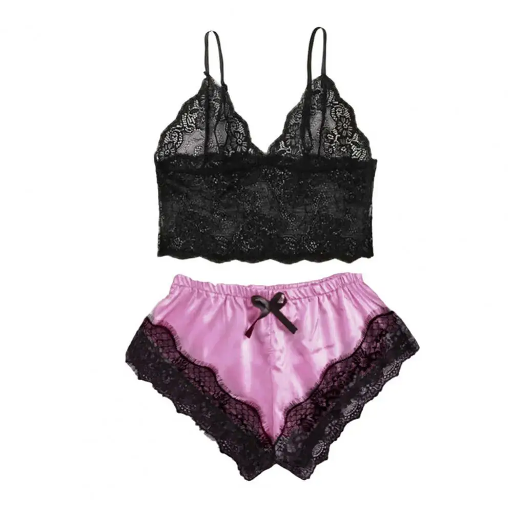 

Women Sexy Sleepwear Set Charming Women Camisole Shorts Lace Sleepwear Set Elastic Solid Color for Honeymoon Valentine