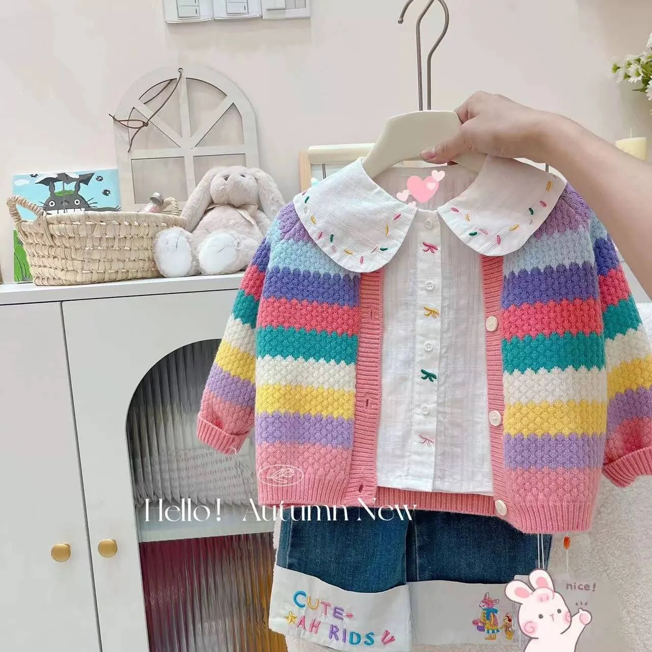 Girls Cardigan Sweater Jacket Colorful Stripes Spring Autumn