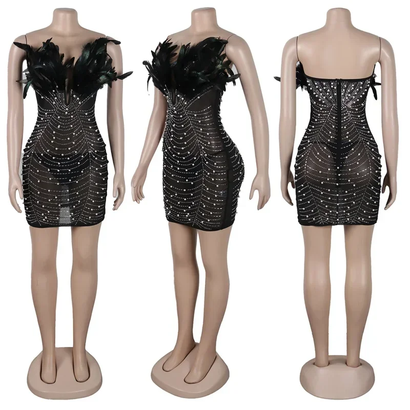Sexy Club Party Night Feathers Rhinestones Birthday Dresses for Woman Elegant Backless Diamond Sheer Mesh Bodycon Dress Vestidos 6