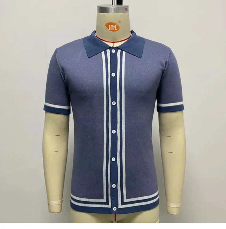 Summer Men's Knitted Jacquard Polo Shirt Fashion Vintage Striped Short Sleeve Lapel T-shirt Man Streetwear Business Casual Tops 47 S68543a245a9647e0b6b92eb5ac03aceaS