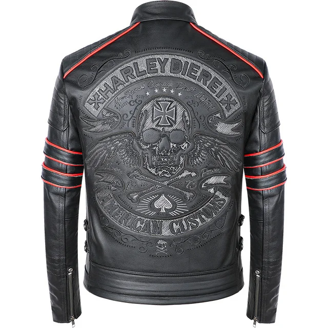luxurygenuinerealBlackEmbroiderySkullMotorcycleJackets100