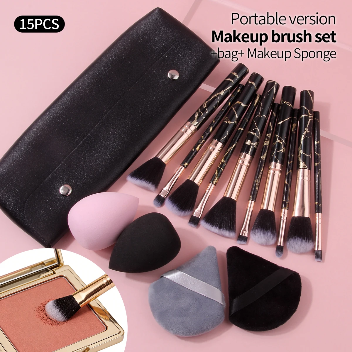 15PC 대리석 메이크업 브러쉬 세트(4개의 메이크업 스펀지 및 PU 가방 포함) 10PCS 블랙 골드 대리석 브러쉬 컴팩트 휴대용 화장품 도구