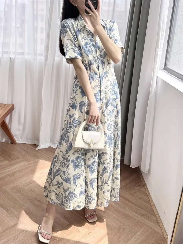 

Turn-down Collar Women Shirt Robe Floral Print Holiday Style Short Sleeve 2024 Summer Female Midi Dress with Buttons