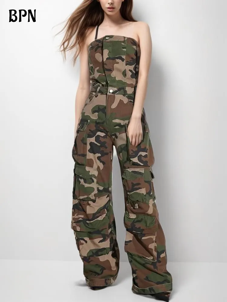 BPN Camouflage Printing Patchwork Pockets Cargo Jumpsuits For Women Slash Neck Sleeveless High Waist Chic Jumpsuit Female Style chicever y2k denim jumpsuits for women strapless sleeveless off shoulder high waist patchwork pockets hit color jumpsuit female