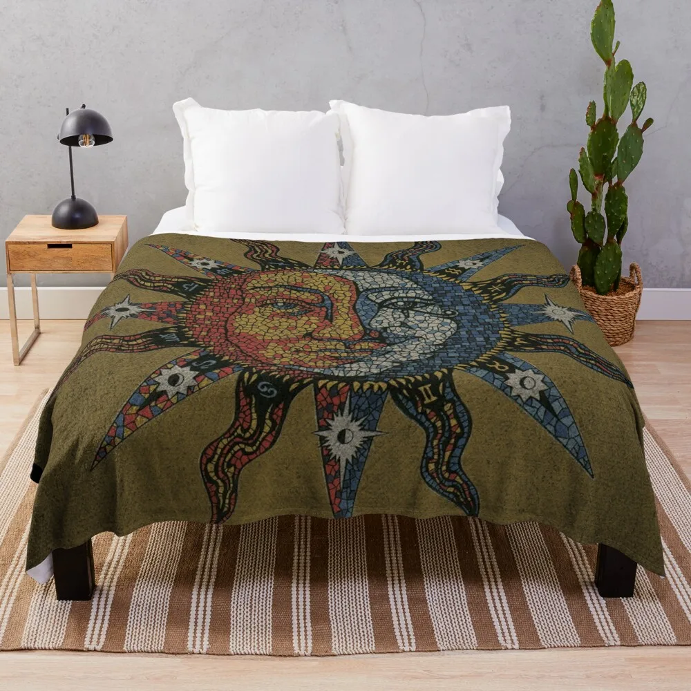 

Vintage Celestial mosaic Sun & Moon Throw Blanket Hairy Blankets Quilt Blanket Blanket For Decorative Sofa