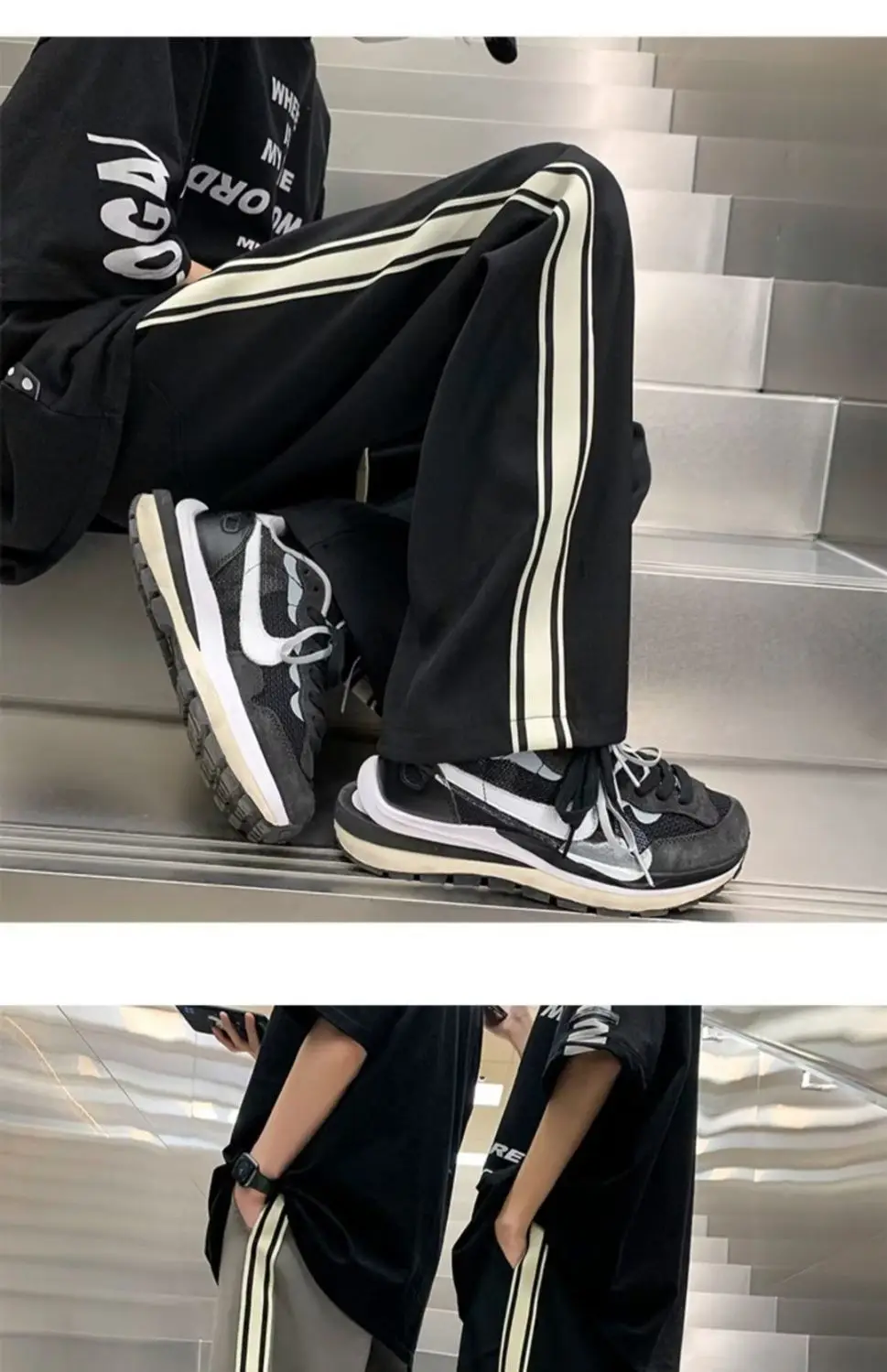 American street men and women trendy retro striped patchwork straight casual pants for spring and autumn loose wide leg pants