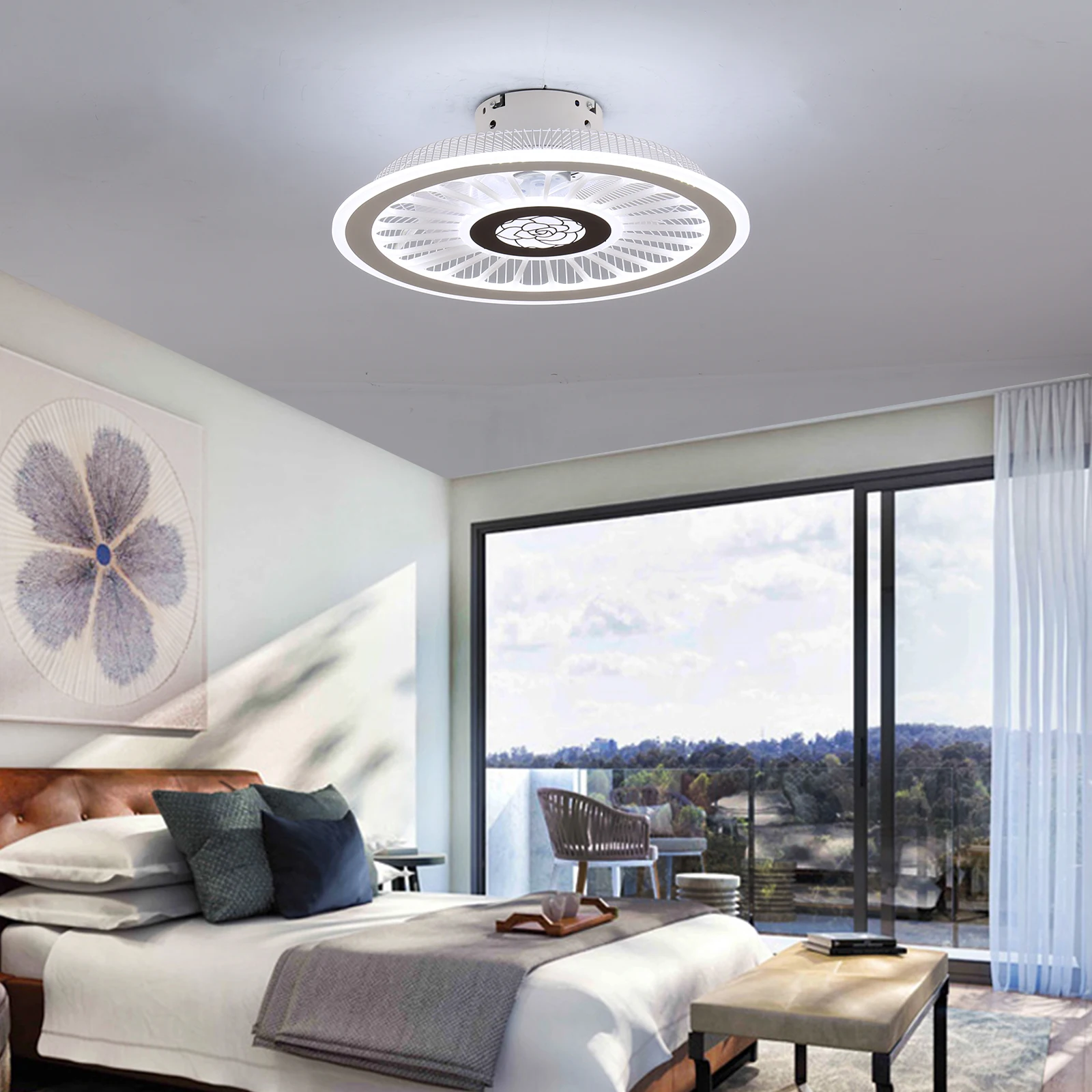 Semi Flush Mount Chandelier Fan Dimmable Ceiling Fan with LED Light 18" Remote Control 3 Colors 3 Speeds with Hidden Blades
