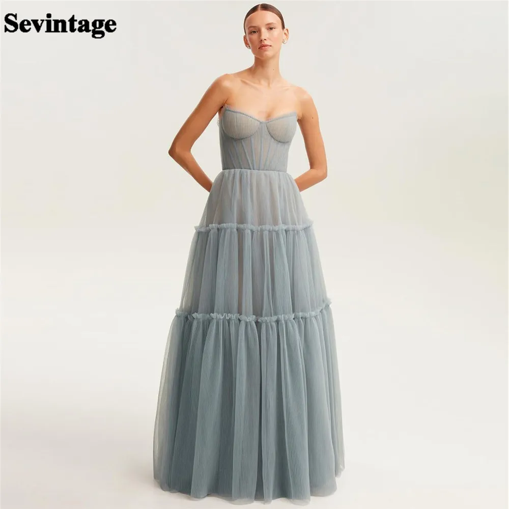 Sevintage-vestido elegante de tul azul brumoso para graduación, traje de noche Formal fruncido escalonado sin tirantes, largo hasta el suelo, 2024