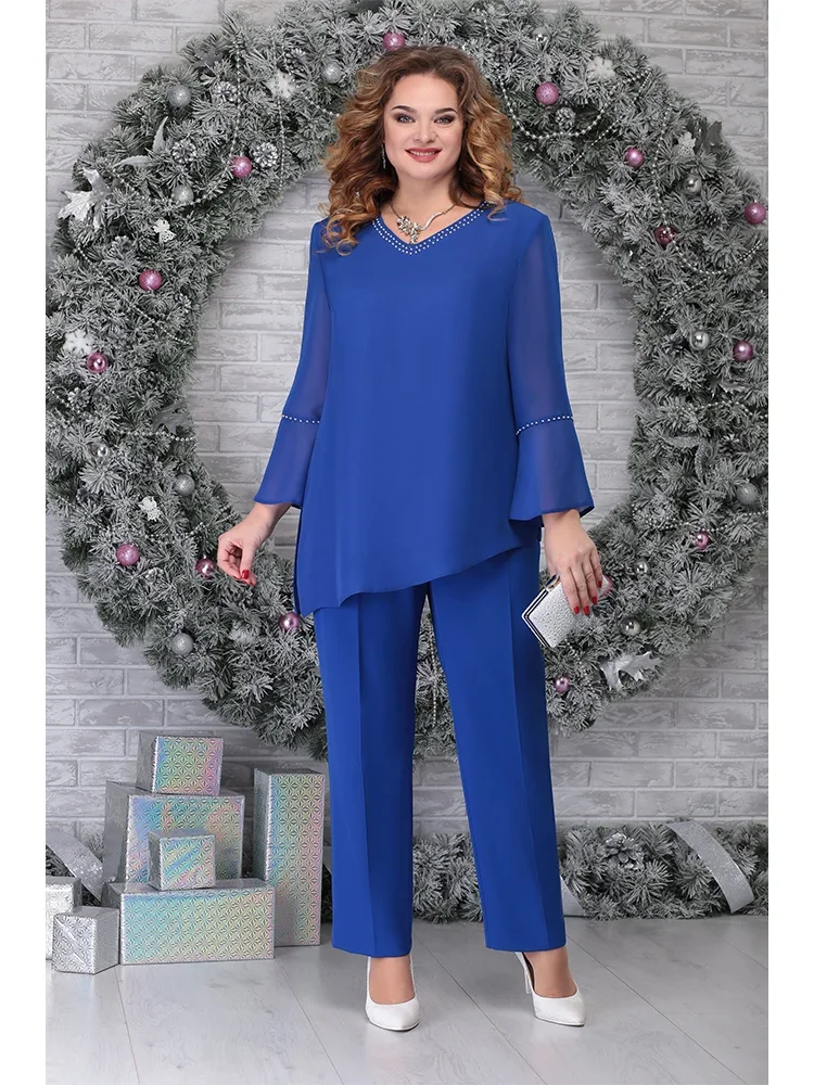 Plus Size Mother of the Bride Pant Suit Two Pieces Set Pant Suits Chiffon  Outfit Sets for Wedding Guest Evening Party Clothing - AliExpress