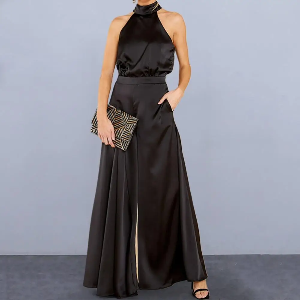 

Soft Jumpsuit Elegant Off-shoulder Women's Jumpsuit with Halter Neck Wide Leg for Parties Proms Featuring Deep Crotch A-line