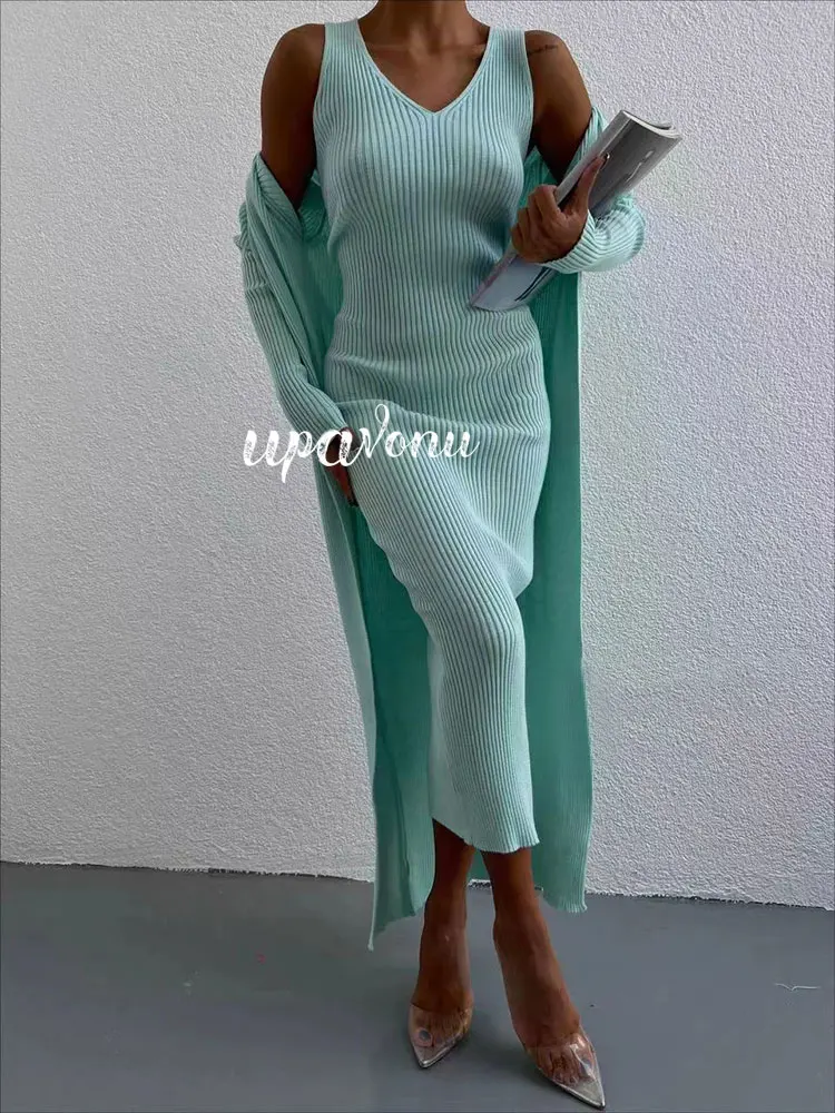 2023 Casual Autumn Solid Knitted Dress Sets V-neck Long Sleeve Loose Long Knitted Cardigan Coat&Tight Midi Dress Two Piece Set