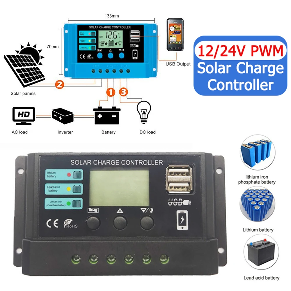 10A20A30ASolarChargeController12V24VSolarPanelPVController
