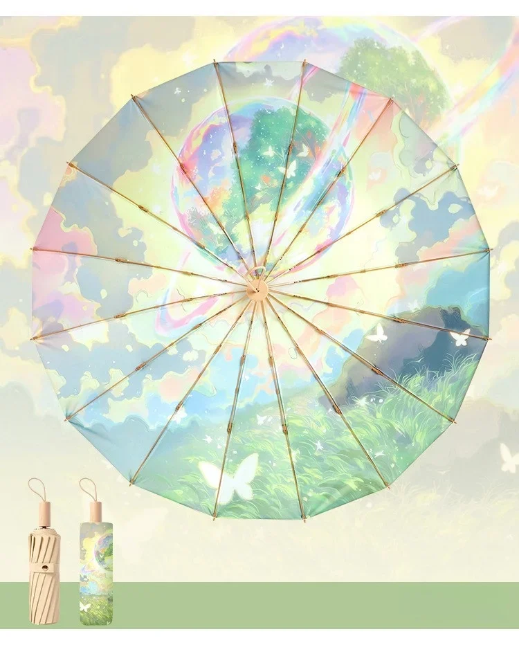 جديد متقدم ضباب وردي 16 لون عظمي غراء مظلة قابلة للطي الشمس المطر الاستخدام المزدوج المرأة المظلة حماية من الشمس وحماية من الأشعة فوق البنفسجية