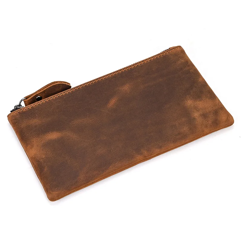 Vintage Crazy Horse Leather Men's Long Wallet with Large Capacity Zipper Phone Pocket Women's Clutch Bag