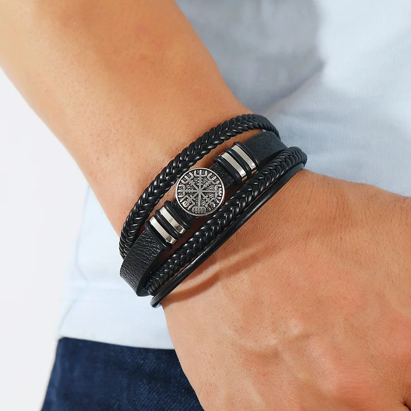 Leather Bracelet Men's Multi-Layer Viking-Inspired Trendy Black/Red Color Fashion Braided For Social Occasions