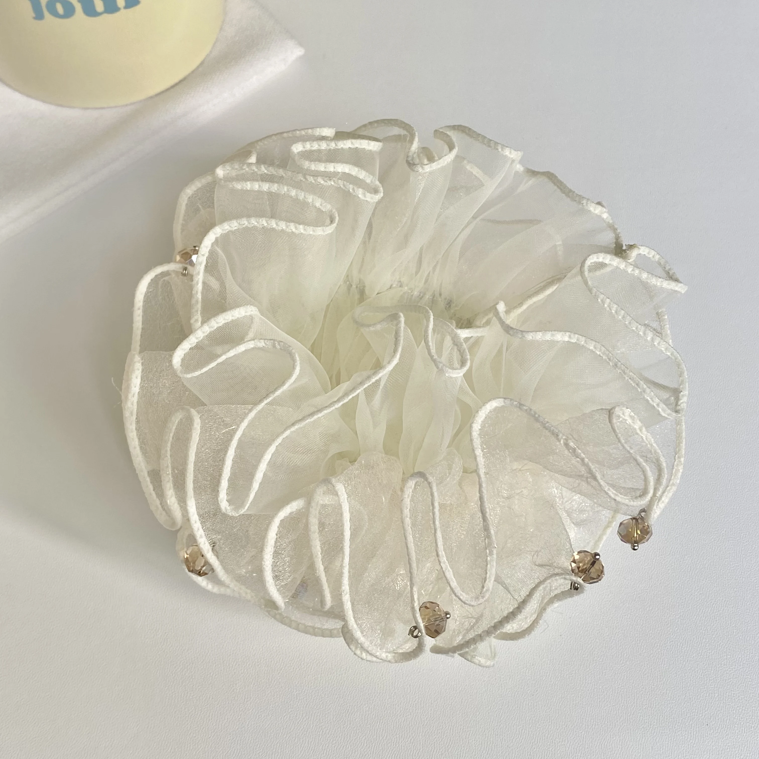 1PC Elegant White Organza Scrunchie With Crystal Beads: Romantic Ruffled Hair Accessory For Women, Perfect For Daily