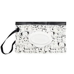 Portable Baby Wipe Pouch with Cute Snap - Strap for Stroller - Refillable and Durable EVA Flip Cover (Animal Black)