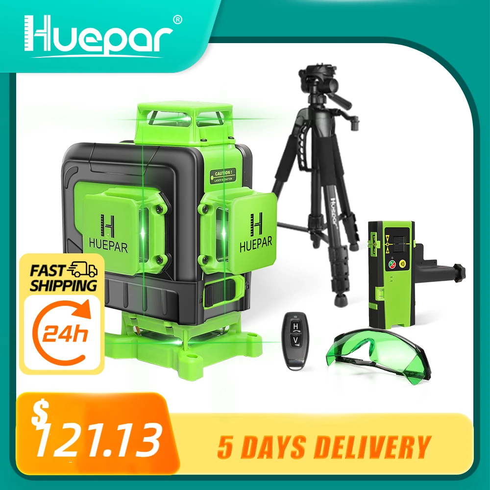 

Huepar 16 Lines 4D Green Laser Level Vertical and Horizontal Self-leveling with Remote control &Li-ion battery Floor Laser Tool