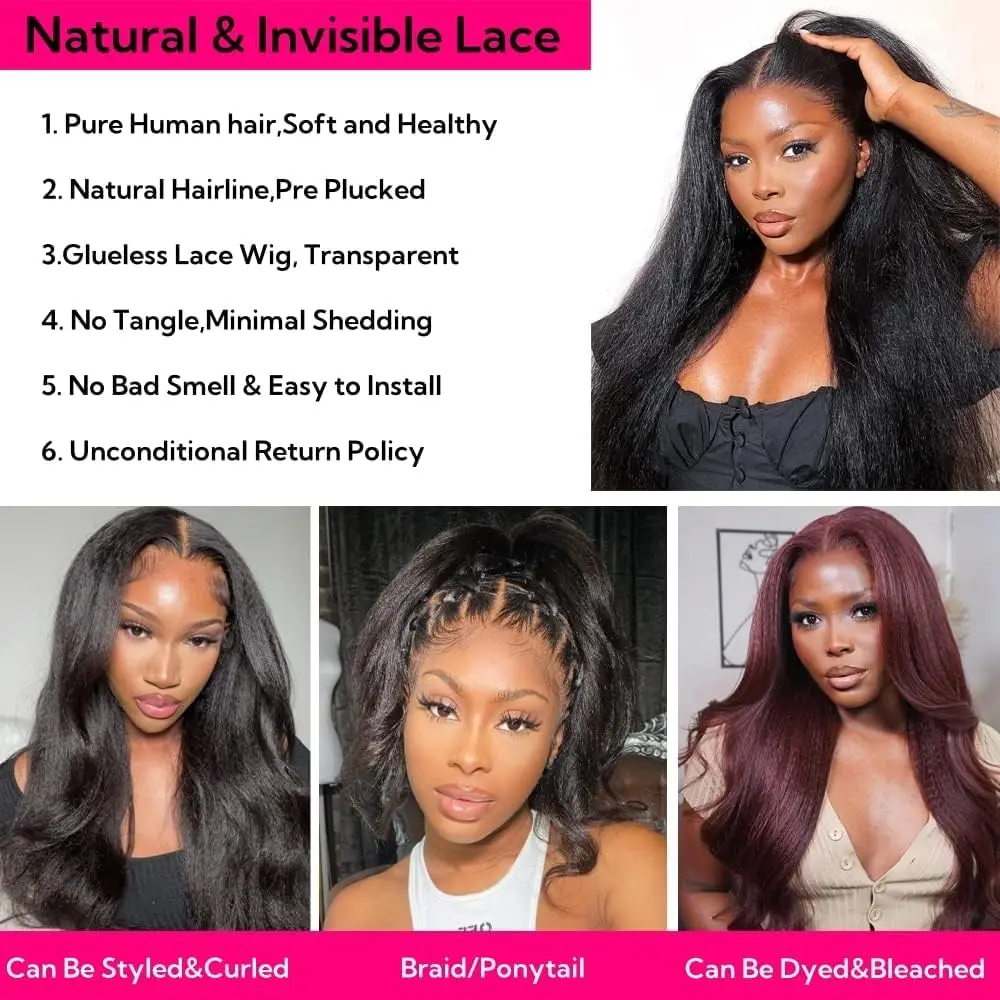 Kinky Straight Lace Front Wigs Human Hair Pre Plucked with Baby Hair 250% Density Yaki Straight 13x4 Transparent HD Lace Wigs