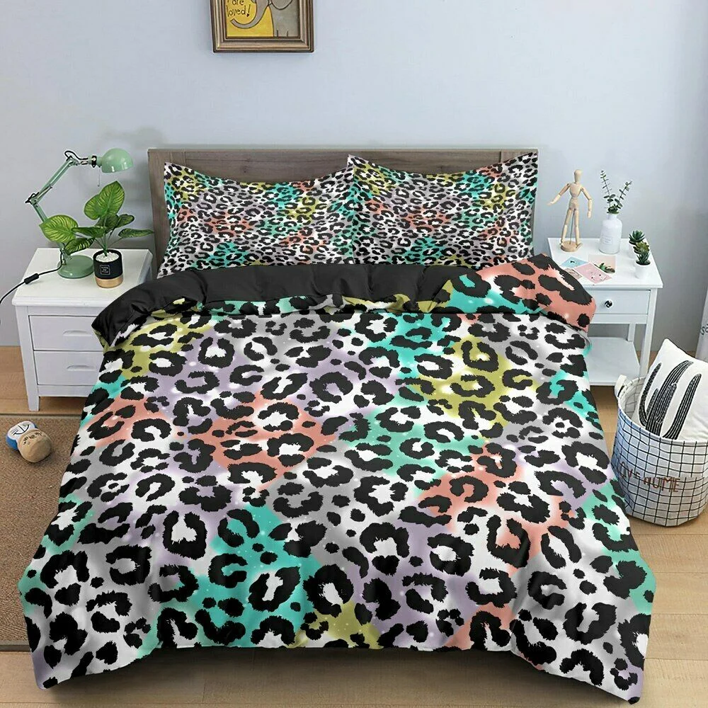 Women Rainbow Cheetah Printed Bedding Set Twin Colorful Leopard Printed Duvet Cover Set Psychedelic King Quilt Cover Decorative