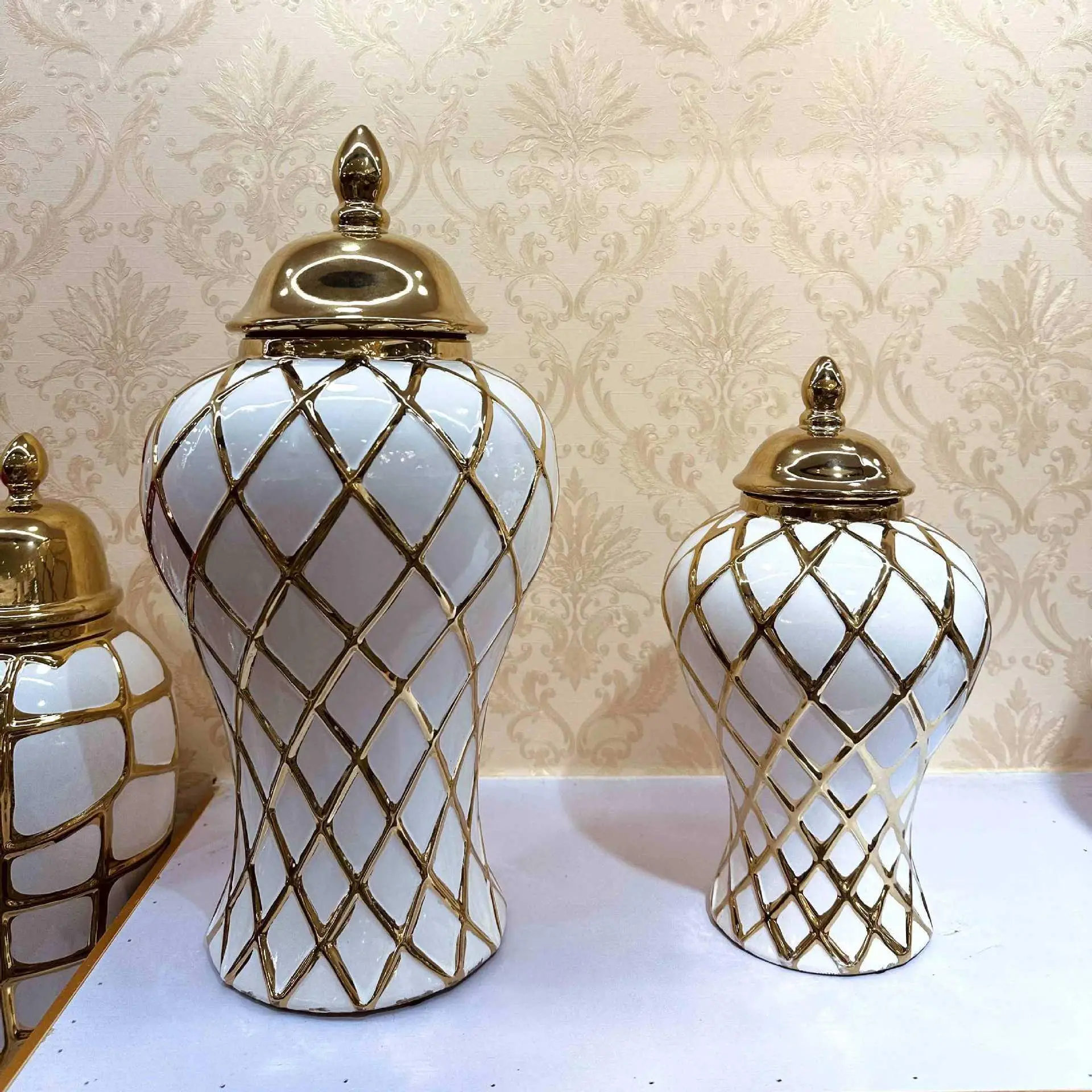 Geometry Gold Diamond Check General Can Ceramic Ginger Jar Flower Vase Porcelain Craftwork Sealed Storage Tank Home Decoration 4