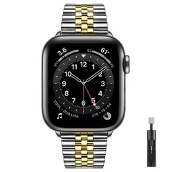 Stainless Steel Business Bracelet - Premium Metal Watch Band Strap - Series 10 42mm (Silver Gold - 1)