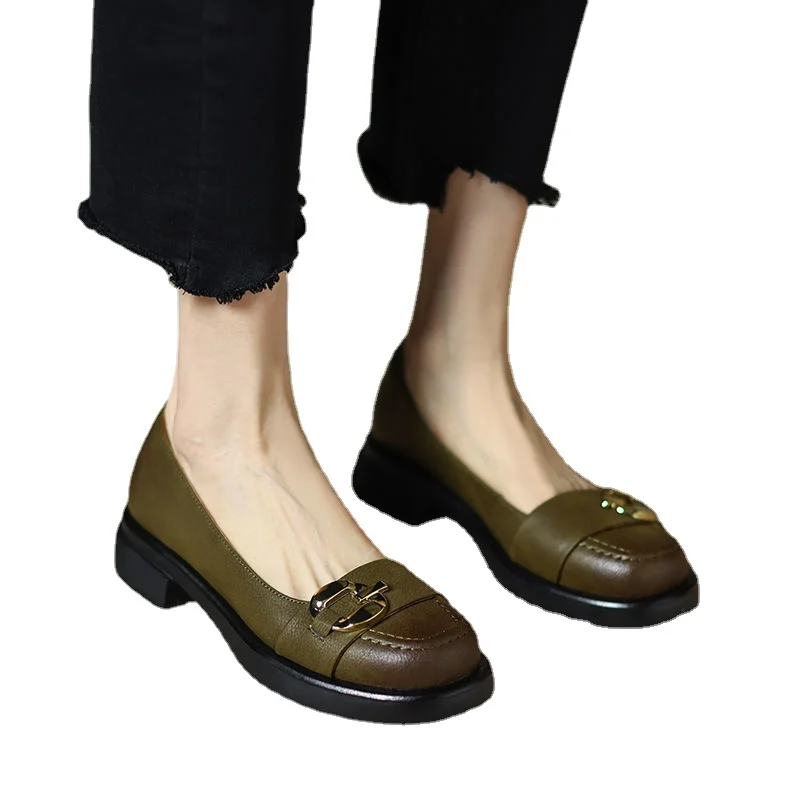 Spring Summer Retro Classic Working Casual Women Pumps Low Heels High Quality Genuine Leather New Chain Shoes Woman 2022 NEW