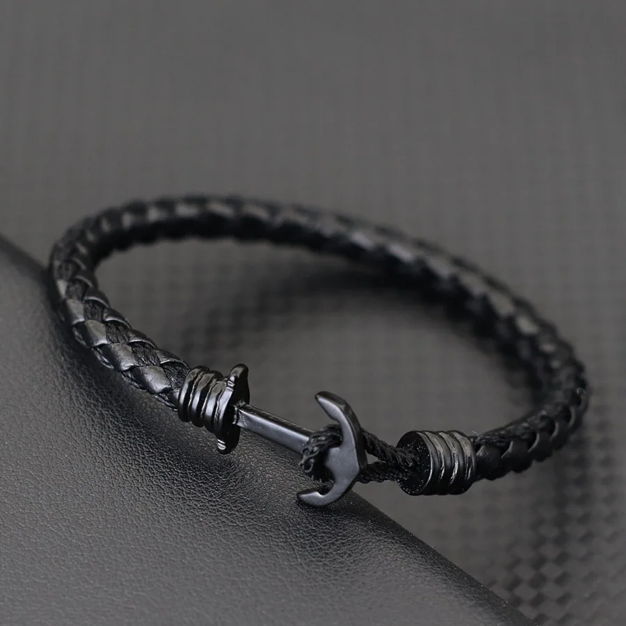 Men Leather Anchor Bracelet Black Punk Bangle