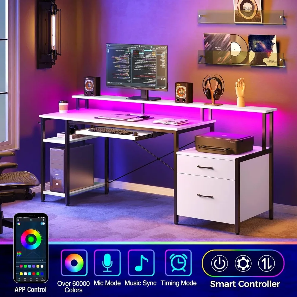 Computer Desk File Drawer, Gaming Desk with LED Light & Power Outlets, Home Office Desk with File Cabinet 4