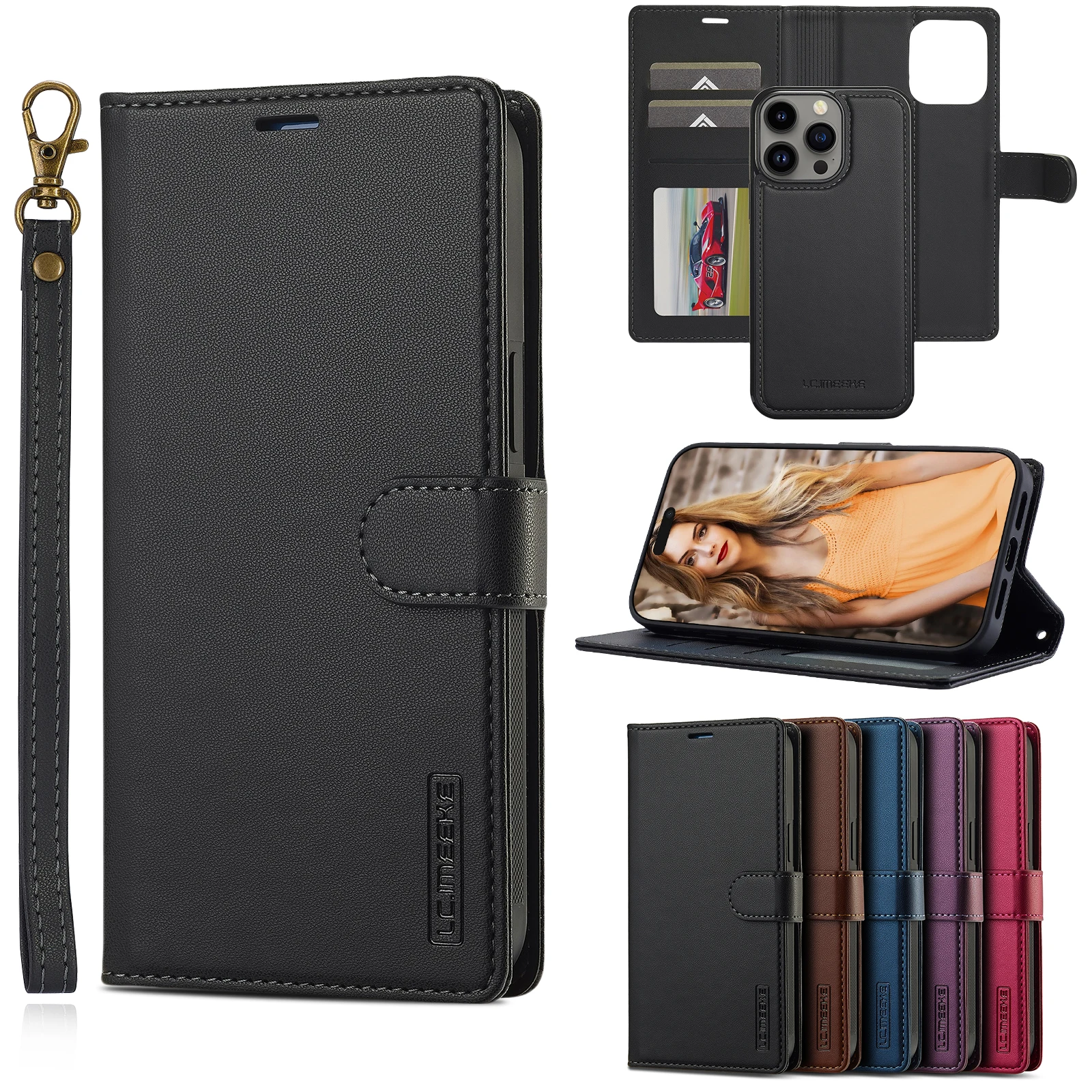 2 in 1 Abnehmbare Karten Solt Flip Leder Brieftasche Fall Für iPhone 15 Pro Max 14 Plus 16 13 12 11 SE 2022 XR XS Magnetische Tasche Abdeckung_voghion.com