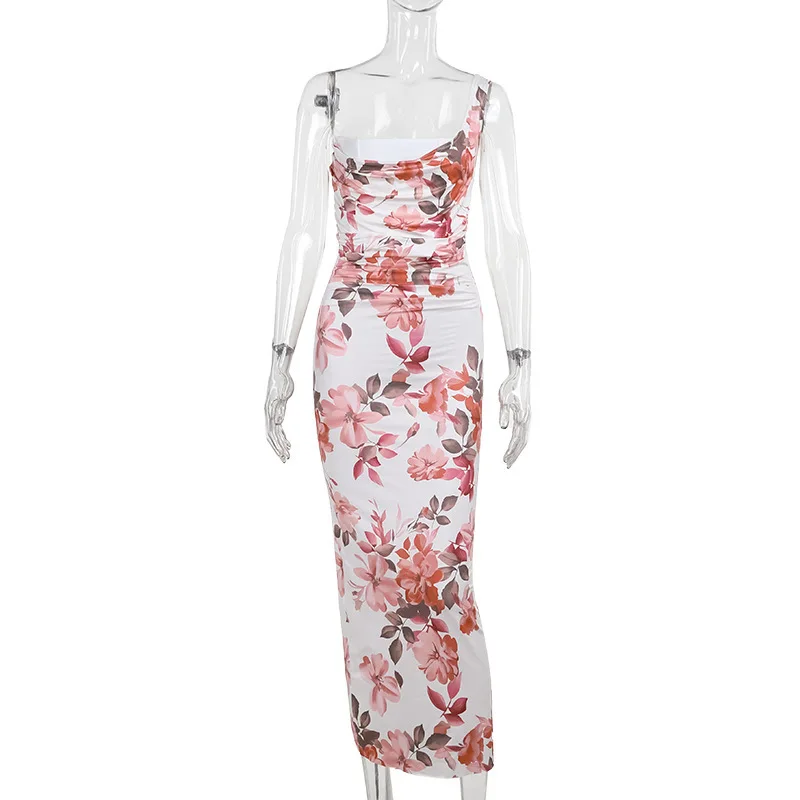 Vestido midi sexy con estampado de un solo hombro para mujer, vestido largo ajustado sin mangas con hombros descubiertos y espalda descubierta para fiesta y club.