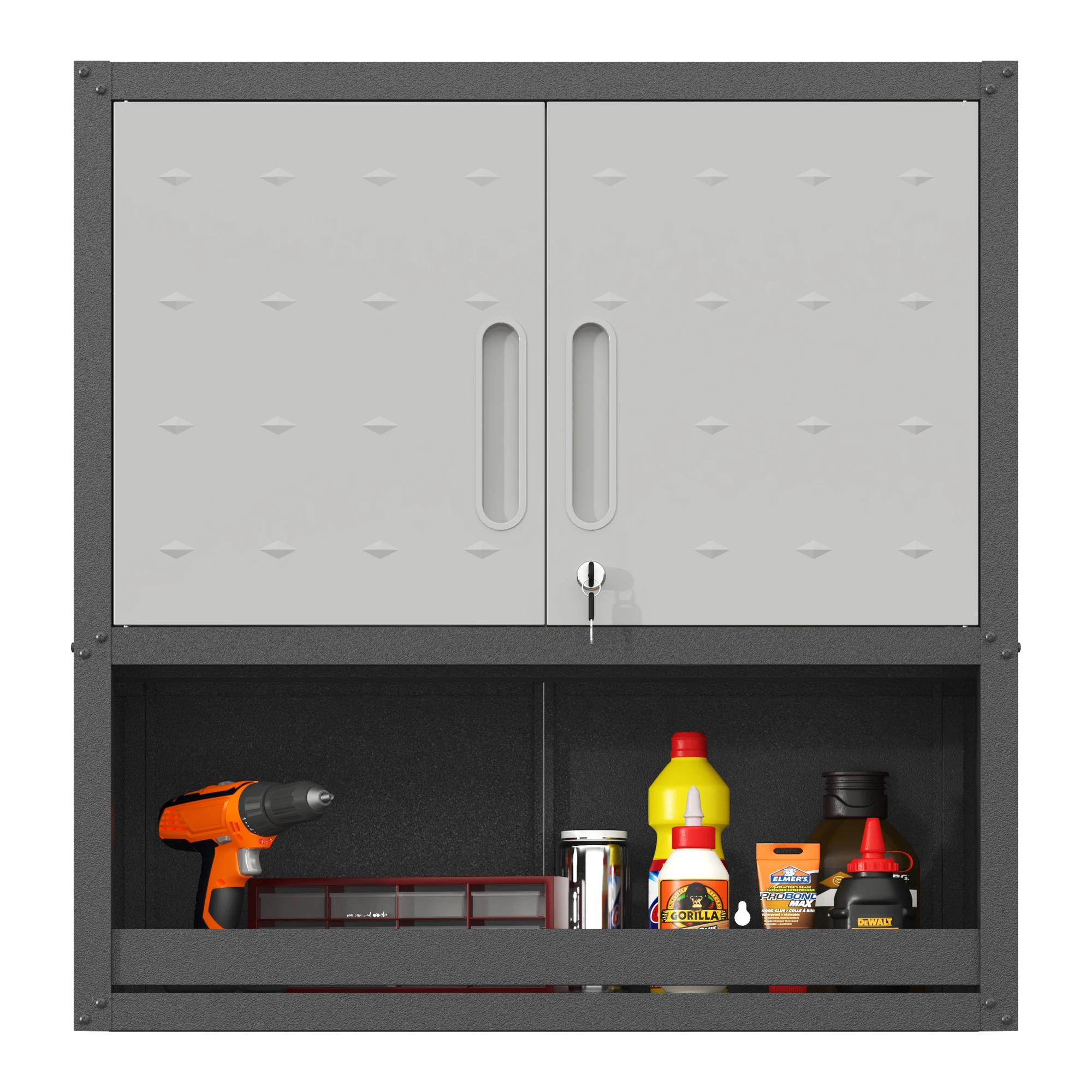 Wandmontierter Werkzeugschrank aus Metall mit abschließbarer Tür, 1 Regal und 1 offener Schublade – 75 × 77 × 30 cm, grau, für Garage, Lager – Detail 16