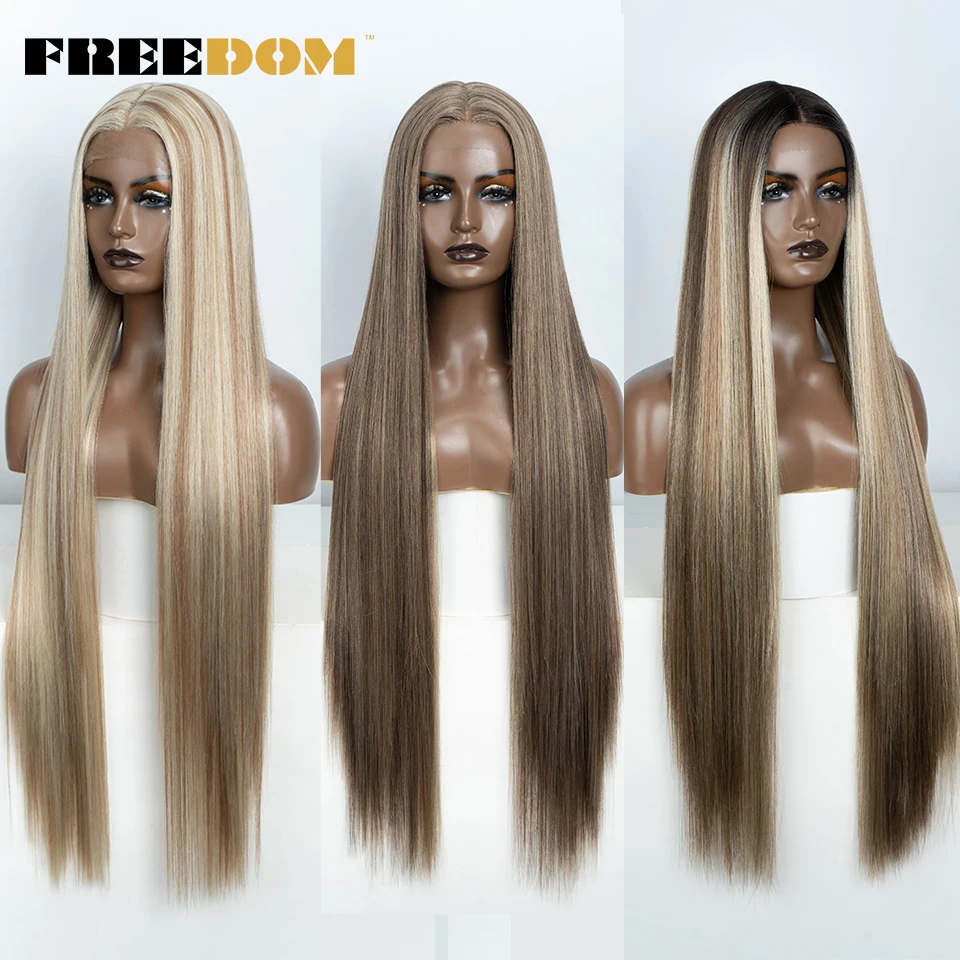 FREEDOM Straight Synthetic Lace Front Wig For Women 38 Inch Long Ombre Brown Red Blonde Hightlight Lace Frontal Wigs Cosplay Wig shine ash brown long straight good quality synthetic wig ash blonde wig for woman 150% 30 none lace full machine made wig