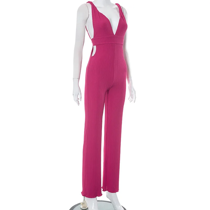 BKLD Jumpsuit Women 2023  Summer New Deep V Twisted Strap Lace-Up Open Back One Pieces Pants Solid Color Night Club Outfits
