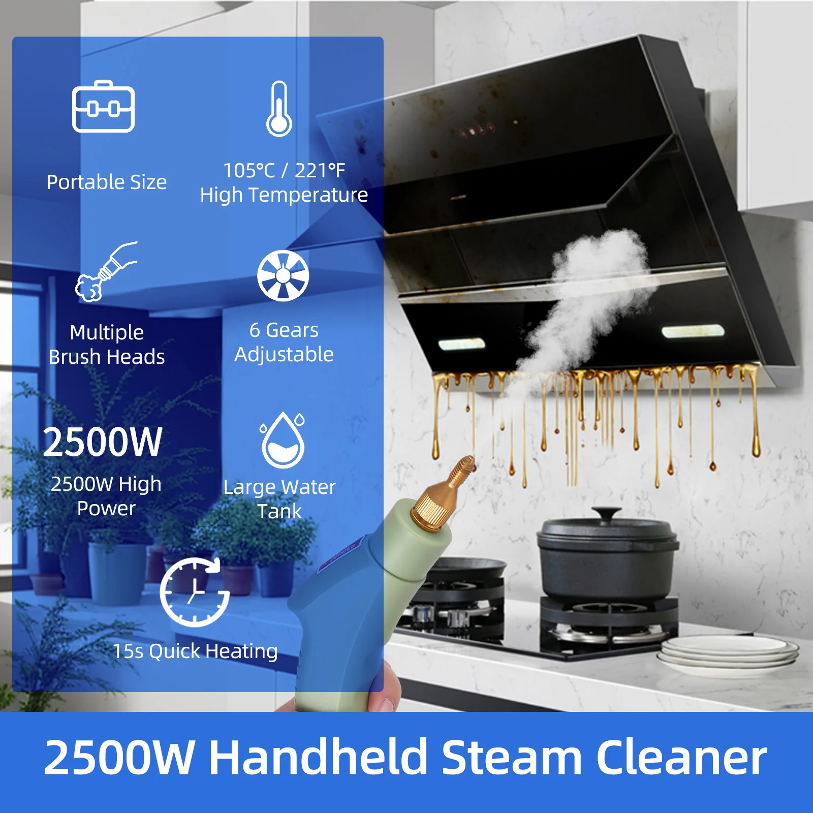 2500W High Pressure Steam Cleaning Machine High Temperature Pressurized 1100ml 3 Bar Portable Handheld Steam Cleaners for Car 4