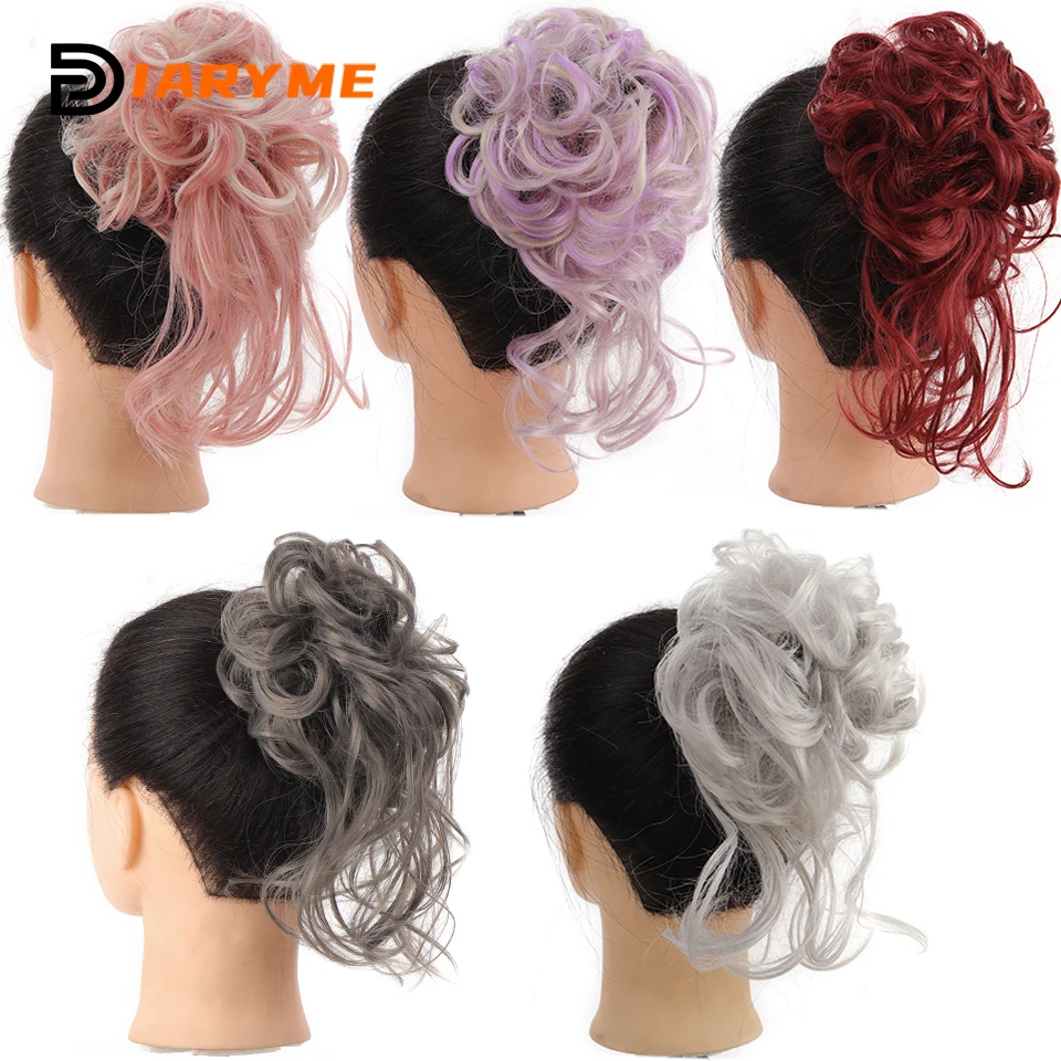 Synthesis Hair Bun Chignon Hair Extension Messy Curly Chignon Hairpieces Pink Fake Hair With Elastic Band  Hair Wigs For Women