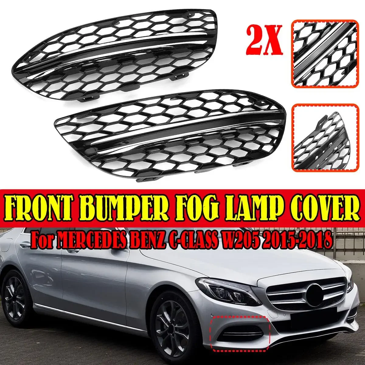 

2PCS Car Front Bumper Grille Fog Light Cover For Mercedes For Benz C-Class W205 C250 C300 C350 2015 2016 2017 2018