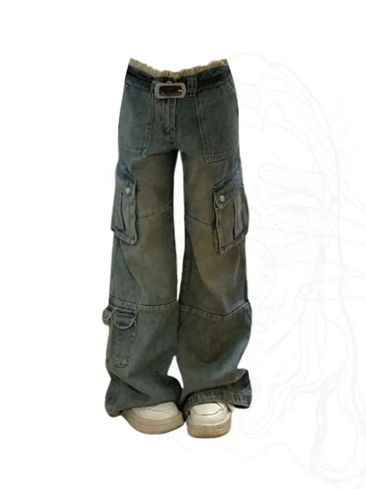 

Голубые джинсы в японском стиле Harajuku, модные мешковатые брюки-карго, Прямые классические брюки в стиле хип-хоп, простые винтажные брюки высокого качества