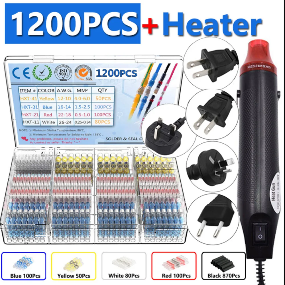 1200PCS Waterproof Solder Seal Wire Connectors Heat Shrink Connectors Electrical Insulated Home Terminals with Hot Air Gun 300 pcs insulated wire electrical connectors butt ring spade quick disconnect crimp terminals connectors assortment kit