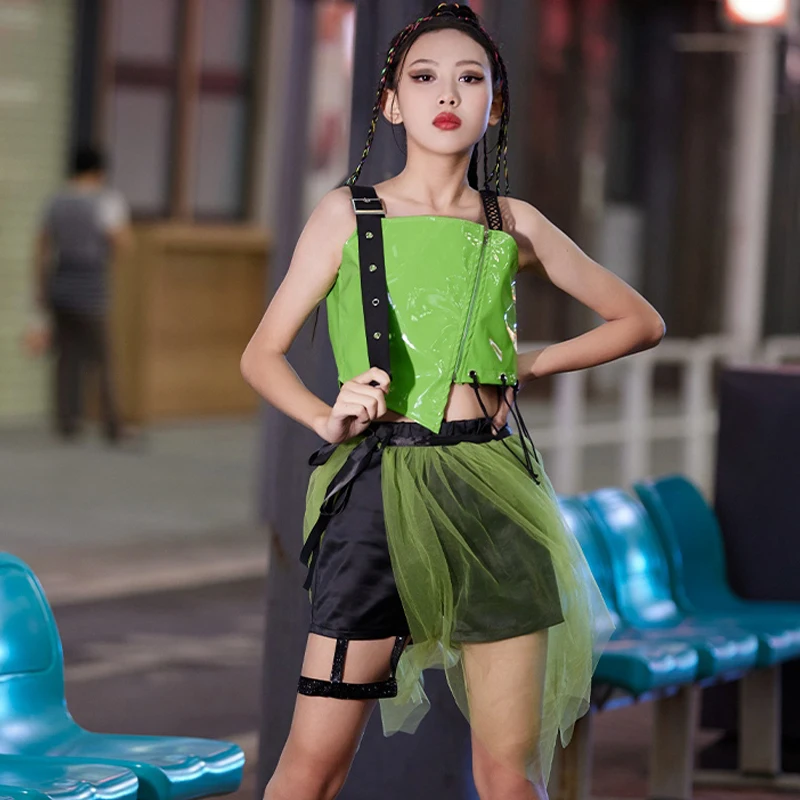 

Детская одежда, костюмы джазовых современных танцев для девочек, зеленый топ, сетчатая юбка, костюм, Детская уличная одежда, одежда для сцены в стиле хип-хоп DN17466